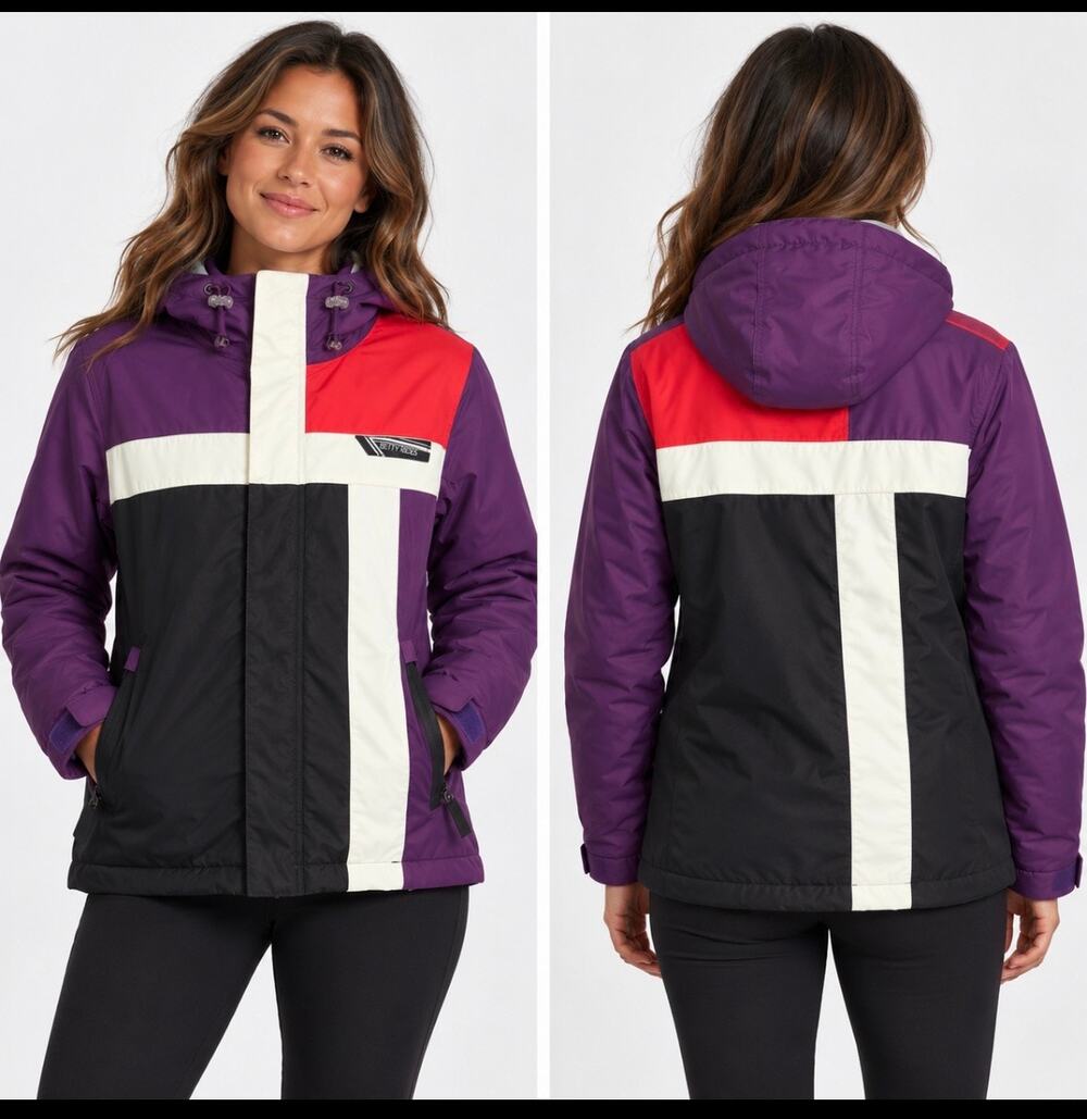 Betty Rides Women’s M Snowboard Ski Jacket Purple Colorblock Hooded Y2K